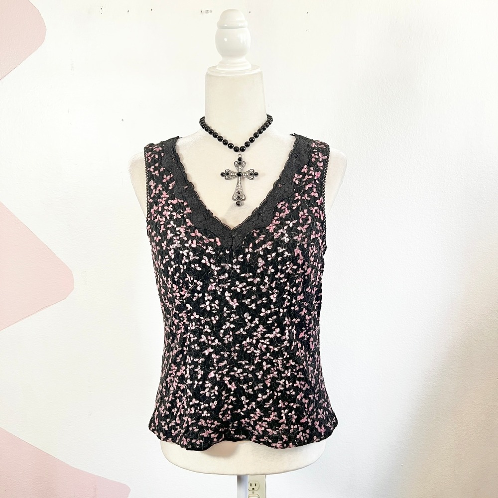 Vintage Y2k Babydoll Top Sz Large Fairycore Black Floral Lace 2000s 90s